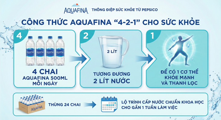 Nước tinh khiết Aquafina 500ml thùng 24 chai 2 công thức 4-2-1 cho sức khỏe của nước aquafina