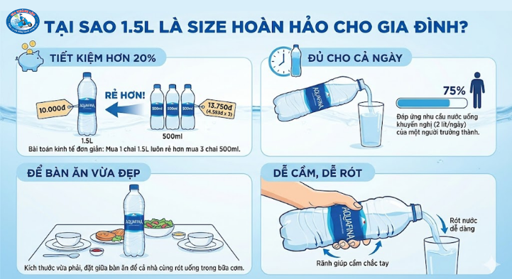 Nước tinh khiết Aquafina 1.5L thùng 12 chai 1 Tại sao Aquafina 1.5L là size hoàn hảo cho gia đình