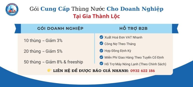 Thùng Nước Uống Đóng Chai (350ml – 500ml – 1.5L – 5L) 7 Gói cung cấp thùng nước cho doanh nghiệp tại Gia Thành Lộc