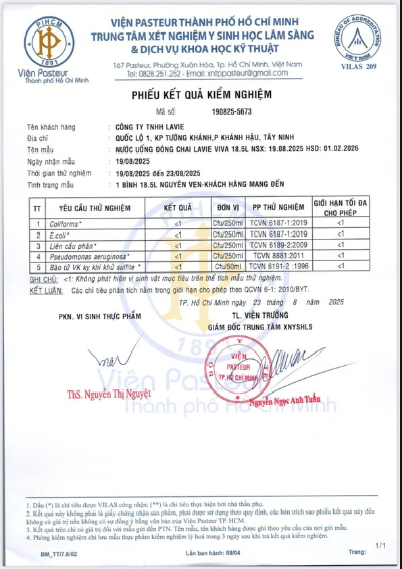 giấy kiểm nghiệm nước tinh khiết viva 18.5l